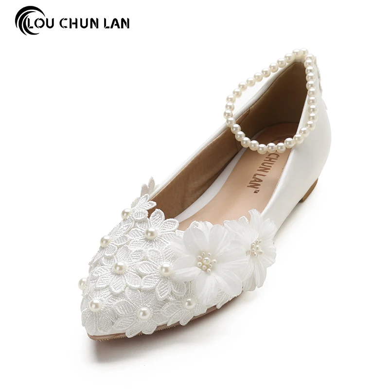 White Lace Pearl Flat Flower Bride and Bridesmaids Wedding Shoes Women's Shoes female Shoes