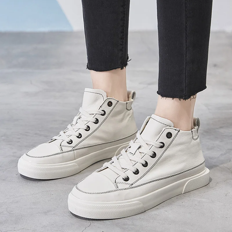 

High top Sneakers Women Shoes Genuine Leather Women Casual Shoes Flat High Quality Cow Leather Female White Footwear A1531