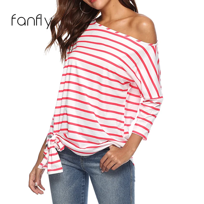 Casual Red White Striped T Shirt Women Long Sleeve Off Shoulder