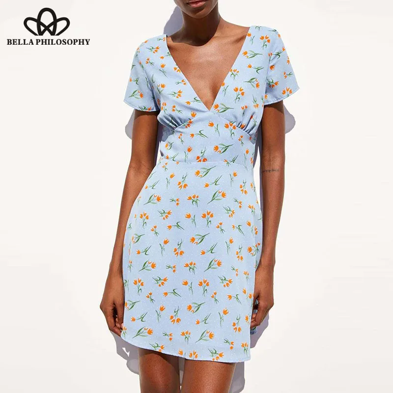 2019NEW Summer Short Sleeve Boho Dress Vintage Print Floral Female V-Neck Mini Dress Sexy Casual Lady Elastic Beach Dress Wonder