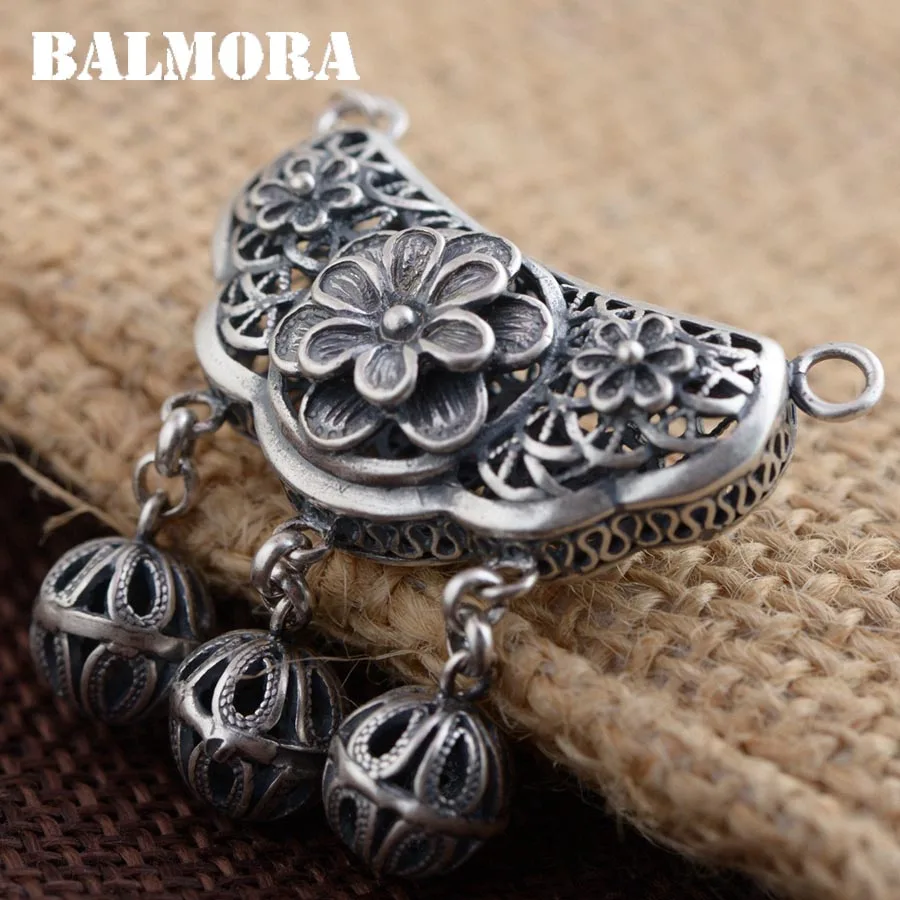 

BALMORA 100% Real 990 Pure Silver Vintage Flower Hollow Pendants for Women Mother Gifts Blessed Jewelry Without a Chain SY13592