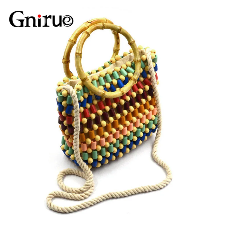 

New Fashion Women Handmade Woven Bamboo Handbags Wood Beaded Chains Shoulder Bag Summer Beach Bag Casual Clutch Purses Colorful