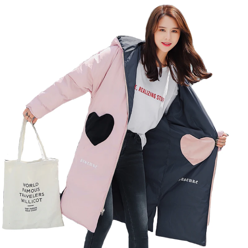 2019 New Design Both Two Side Can Be Wore Winter Jacket Women Hooded Lovely Sweet Outwear Female Coat Long Parka Winter Parkas