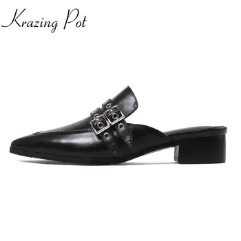

krazing Pot genuine leather elegant solid mules simple style buckle decoration slingback med heels pointed toe women pumps L03