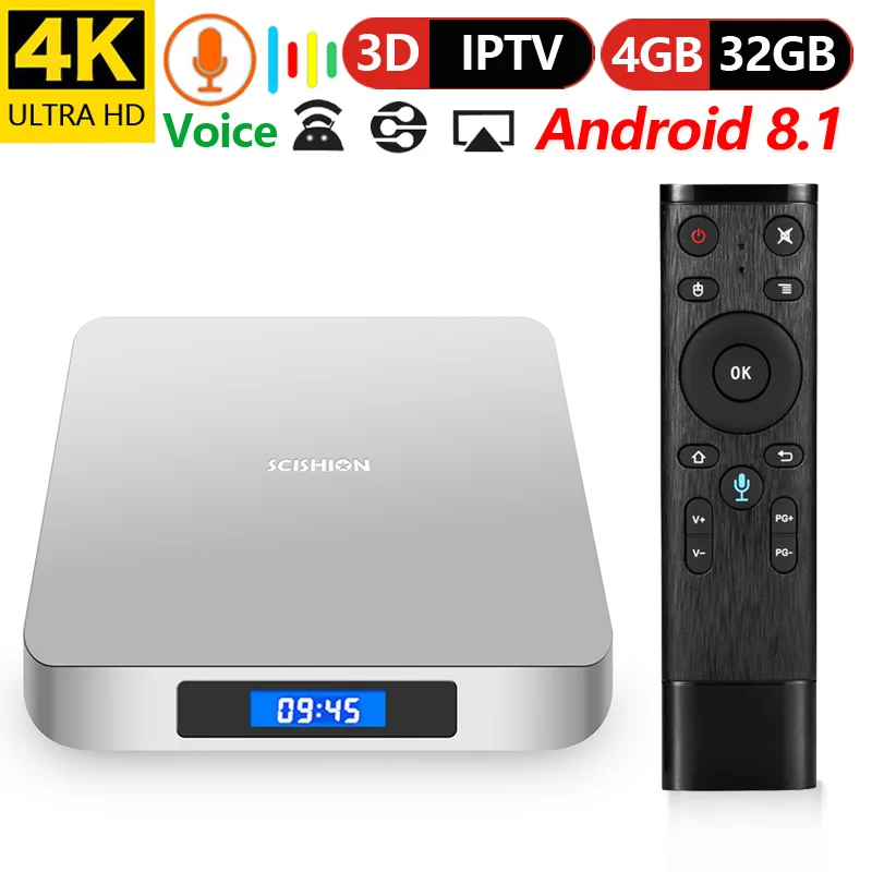 

SCISHION AI ONE Smart TV Android TV Box 8.1 RK3328 Quad Core 4GB/32GB 2.4G WiFi BT4.0 With 2.4G Voice Remote Control