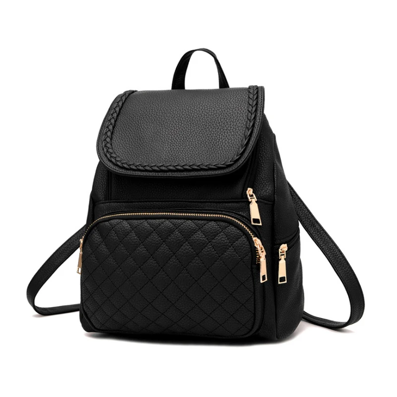 Homeda Plaid Backpack Woman Leather Modern Knapsack Golden Zippers