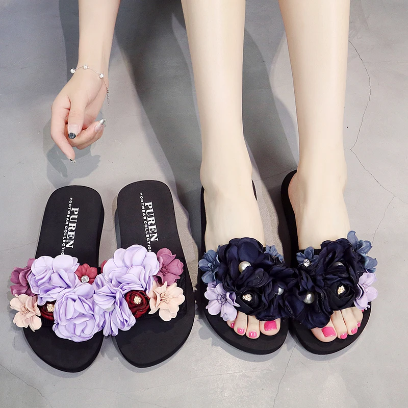 

Adisputent 2019 Fashion Bohemian Beading Flower Wedges Flat Beach Slippers Women Torridity -Slip Shoes Sandals