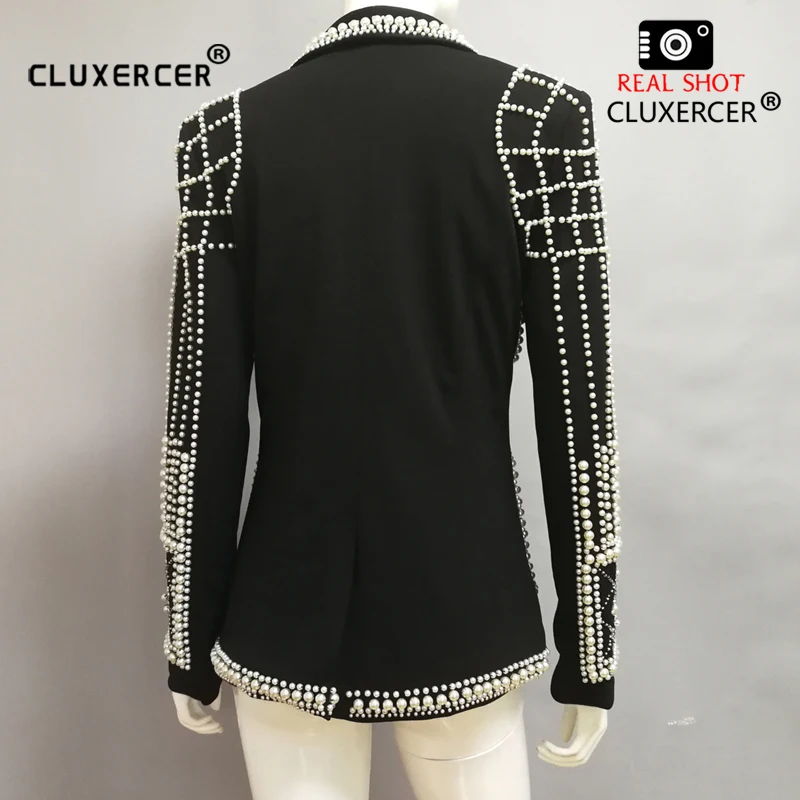 CLUXERCER Brand Blazer Women Coat Heavy Hand Made Beads Suit Jacket Long Sleeve Designer Outerwear Blazers Feminina
