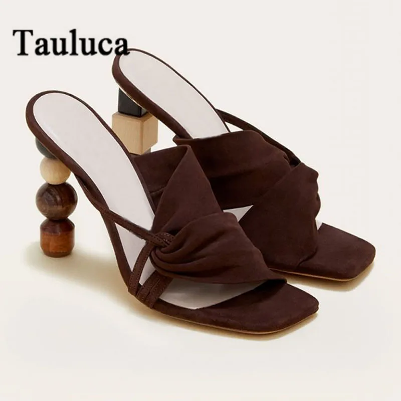 

New Shoes Women Black Shaped Blocks High Heels Suede Slippers Sandals Ladies Summer Sexy Open Toe Heel Slippers Zapatos Mujer