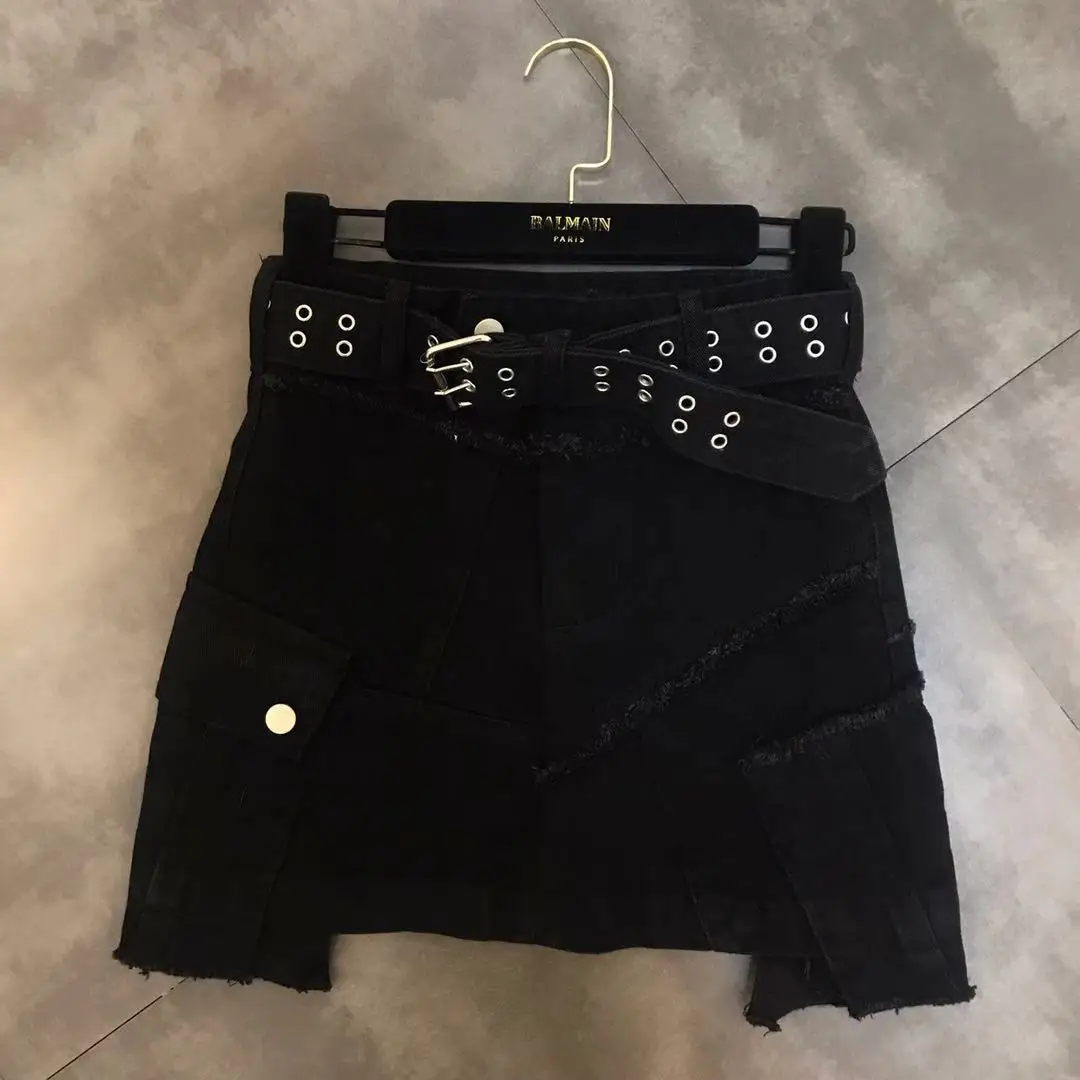 

Skirts Womens 2018 Winter New Iron Ring Belt Decorative Pocket Trendy Jeans Skirt