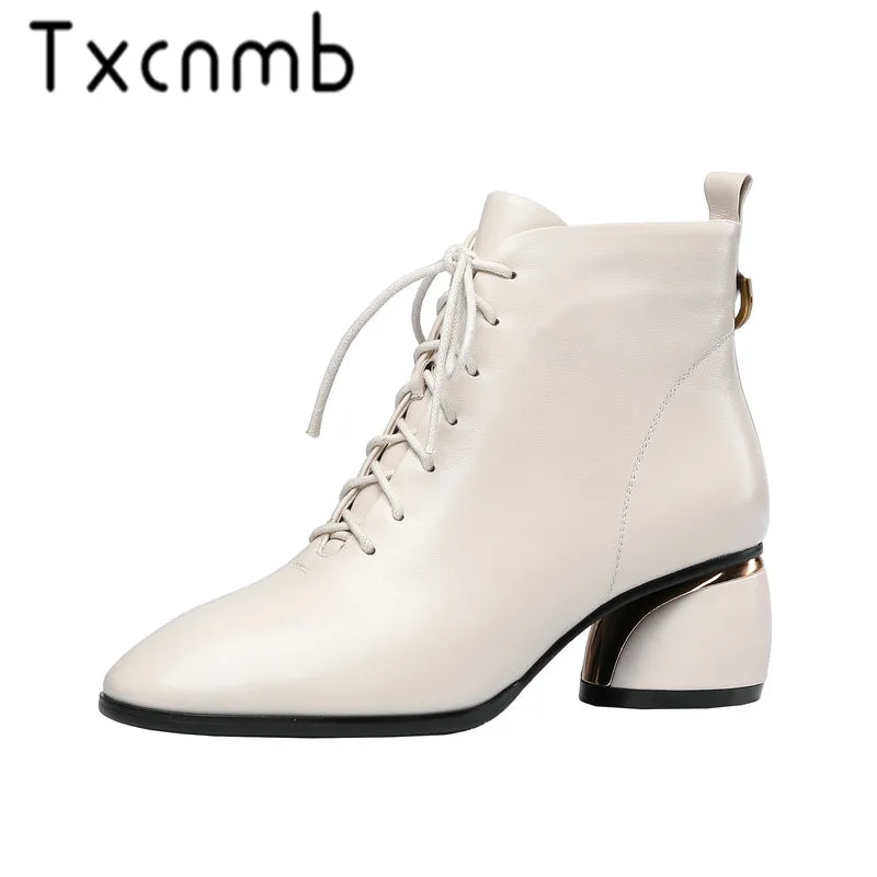 

TXCNMB 2020 Boots Women Genuine Leather Ankle Boots Fashion Chelsea Square Heels Black Autumn Lace-up Shoes Woman