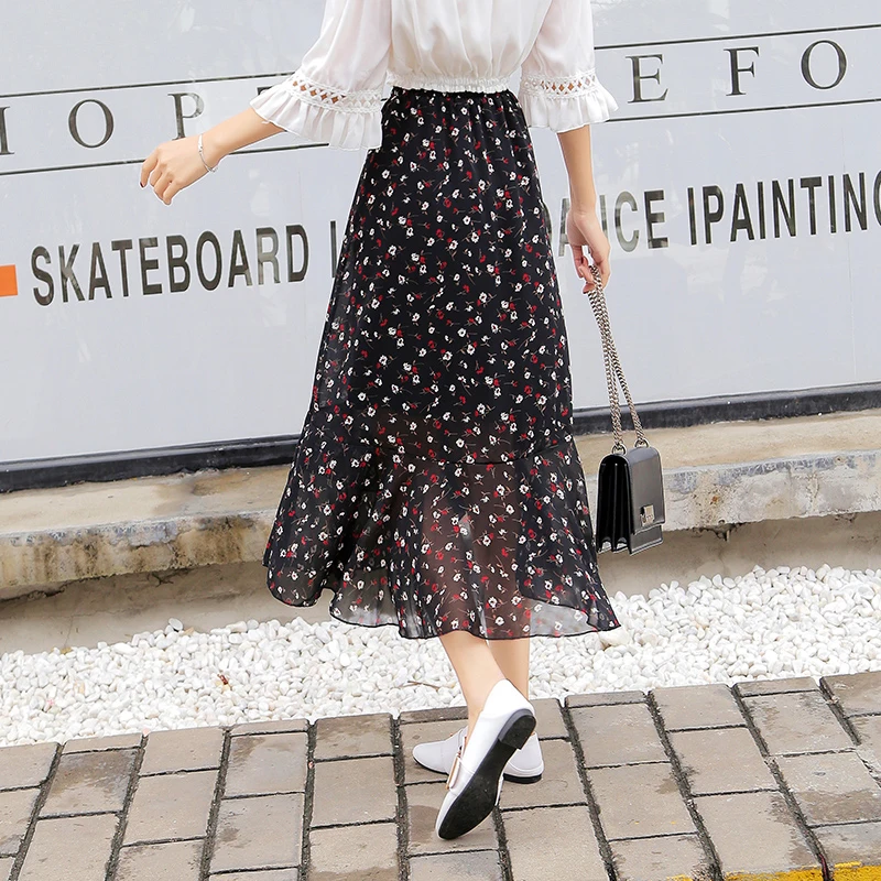 Floral Skirt Flower Kpop Chic Chiffon Ruffles Elegant Ladies Skirts Womens Summer New Harajuku High Waist Street Black Saia Midi Floral Skirt Flower Kpop Chic Chiffon Ruffles Elegant Ladies Skirts Womens Summer New Harajuku High Waist Street Black Saia Midi