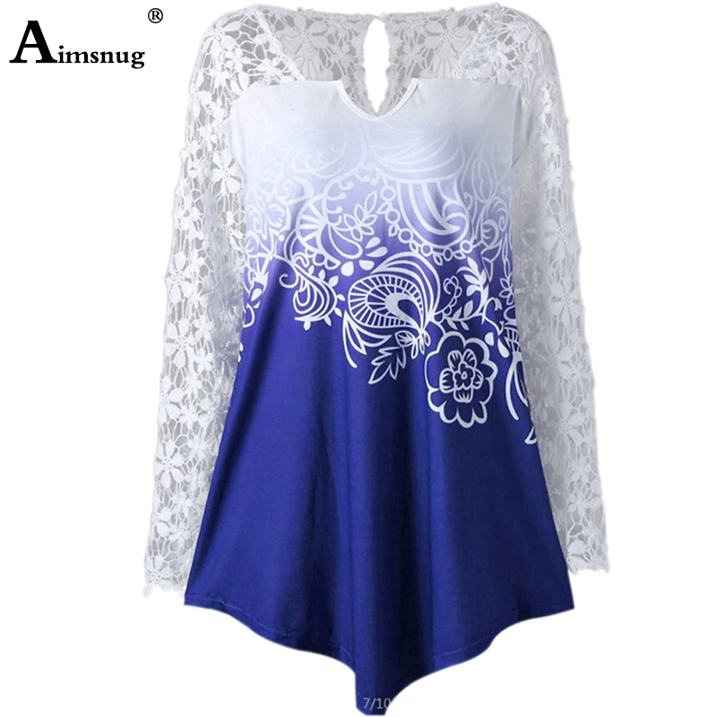 

Aimsnug Plus Size Lace Yoke Ombre Top Women T-Shirt Casual Hollow Out Autumn Long Sleeve Ladies Tops Loose V-Neck Print T Shirt