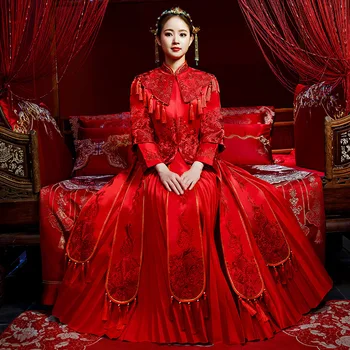 

RED Especial Fashion Chinese bride wedding gown dress Golden cheongsam Suzhou embroidery female golden Spring Autumn Qipao S-3XL