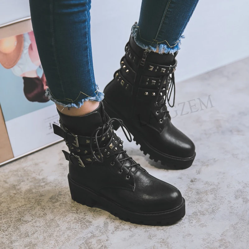 LAIGZEM Women Ankle Boots Mid Chunky Heels Combat Cow Girl Boots Punk Studs Boots Shoes Woman Botines Mujer Small Big Size 32-43 (2)