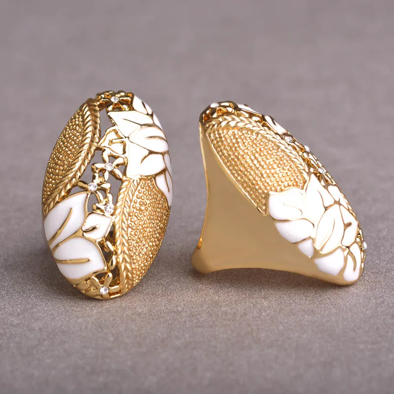 Blucome эмаль белый цветок кольца для Для женщин золото Цвет кольцо элегантный большой широкий Обручение обручальные кольца винтажный, с серебряным покрытием