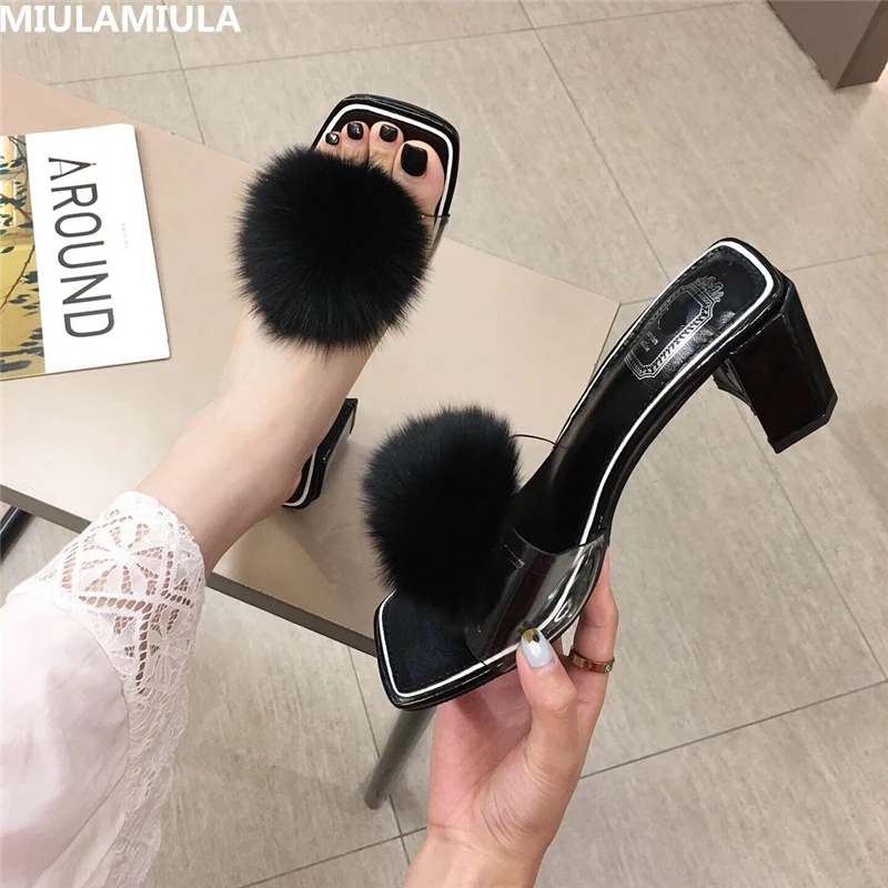 

MIULAMIULA Brand Designers 2019 Summer New Fashion Black White Pom Pom High Heels Lady Pumps Slip On Loafers Female Shoes Fur