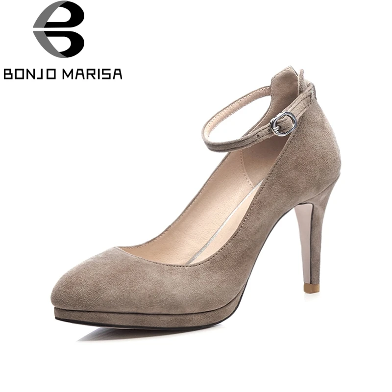 

BONJOMARISA 2018 Genuine Leather Large Size 33-42 Bucke Strap Women Shoes Woman Thin High Heels Party Wedding Pump