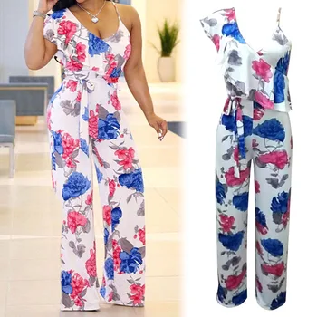 

Womens Sexy One Shoulder Sleeveless Sling Low-cut Jumpsuits Wide-leg Jumpsuit FS99