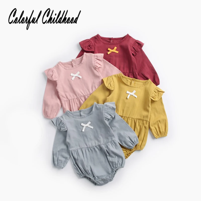 

Baby Girls Angel Sleeve Bowknot Decoration Pure Cotton Romper Infant Long-sleeved Jumpsuit Winter Spring Clothes for kids 0-3t