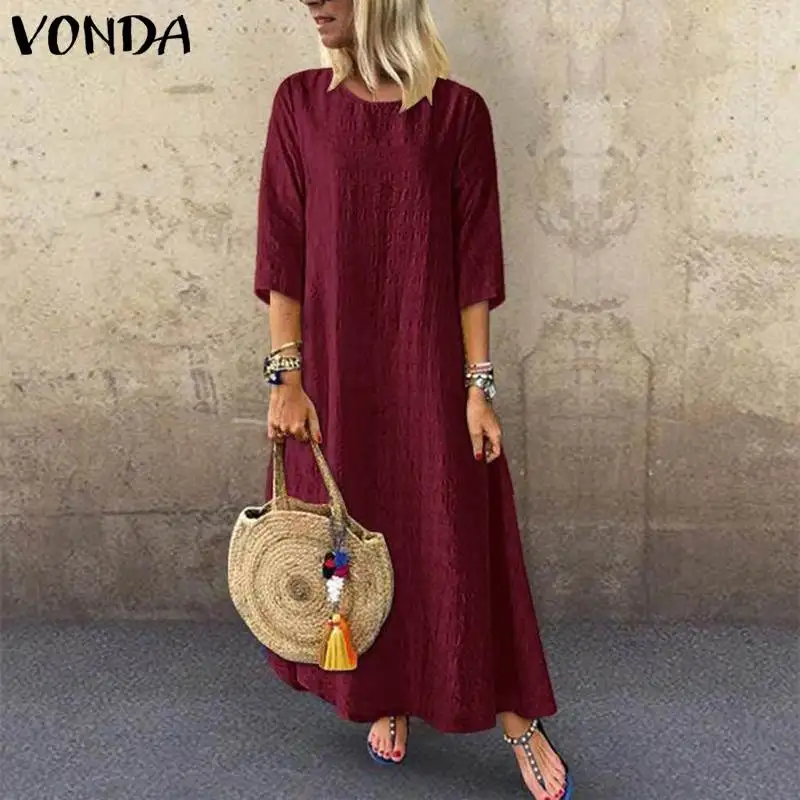 

VONDA Women Vintage Dress 2019 Bohemian Sexy 3/4 Sleeve O Neck Long Party Dress Casual Ankle-Length Vestido Robe Femme Plus Size