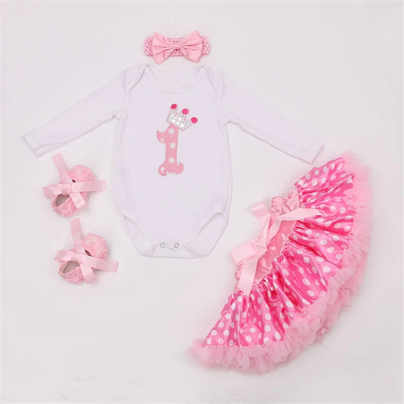 Комплекты одежды для новорожденных девочек День рождения боди Раффлед юбка-пачка повязка, туфли 4 шт. комплект для малышей Vestidos Infantil