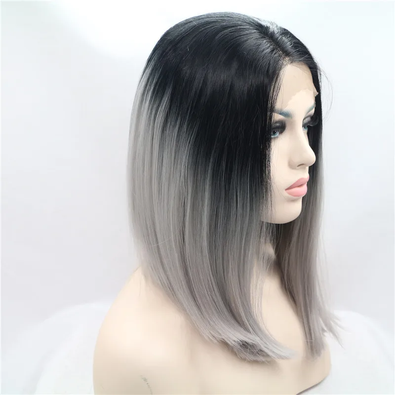Natural Negro A Gris Plata Pelo Corto Bob Pelucas Del Cordon Sintetico Fibra Resistente Al Calor Peluca Del Frente Para Las Mujeres Negras Grises Pelucas Bob Synthetic Lace Front Wig Wigs For Blacksshort Bob
