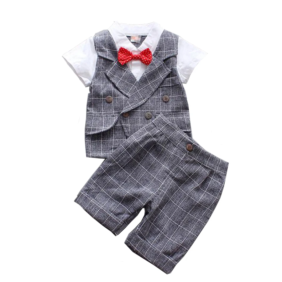 Летний Детский Костюм Джентльмена для мальчиков, комплект с шортами для маленьких детей, клетчатый топ с короткими рукавами, рубашка+ шорты, костюм для детей