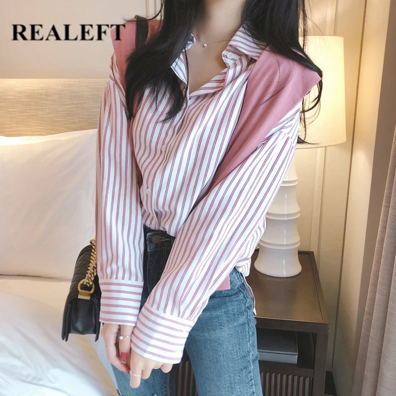 

REALEFT 2019 Autumn New Arrival Casual 2 Pieces Striped Women Blouses V-neck Female Blouses and Tops Loose Women's Shirts