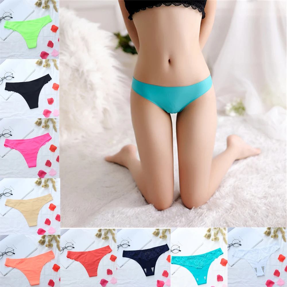 

Solid Sexy Women Ice Silk Seamless Underwear Lace Breathable Lingerie Panties for Women Thongs Low Waist T back G-String Briefs