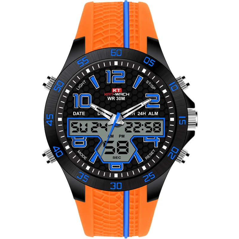 KAT WACH новый дизайн Dual Time Часы для мужчин оранжевый цвет ful прочный ремешок из