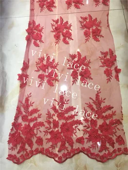 

5yards htt001-5 red color new arrive 3d pearls chiffon good quality nice luxury polyestor tulle mesh lace for sawing/ wedding