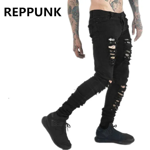 

2018 New Men's Jeans Ripped for Male Skinny Distressed Slim streetwear Designer Biker Hip Hop Swag Black Slim Denim Trousers