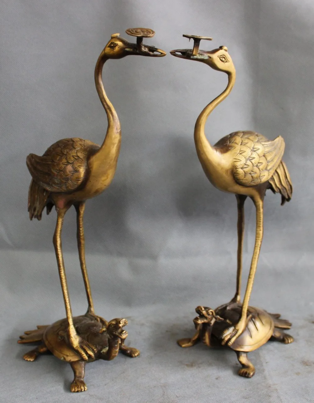 

14" Chinese Bronze Bird Crane Ride Dragon Turtle Statue Candle Stick Holder Pair