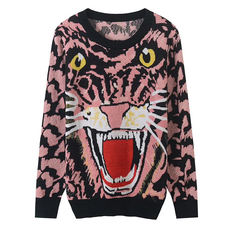 2019 Spring Casual Knitting Tiger Pattern Sweater Women Pink Pullovers ...