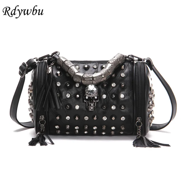 Rdywbu Genuine Leather Tassels Skull Handbag Women Luxury Rock Rivet Rdywbu Genuine Leather Tassels Skull Handbag Women Luxury Rock Rivet Punk Shoulder Bag Black Sheepskin Messenger