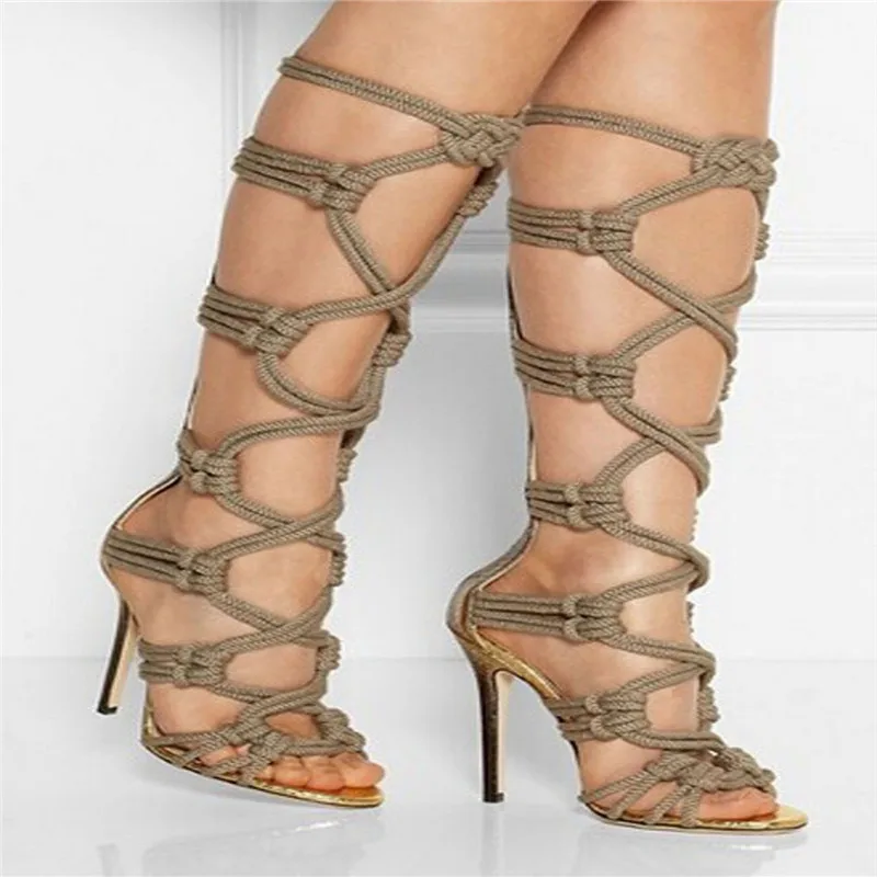 

Unique Design Peep Toe Thin High Heels Boots Cut-outs Knee HIgh Sandal Boots Zipper Gladiator Zapatos Mujer Summer Boots Women