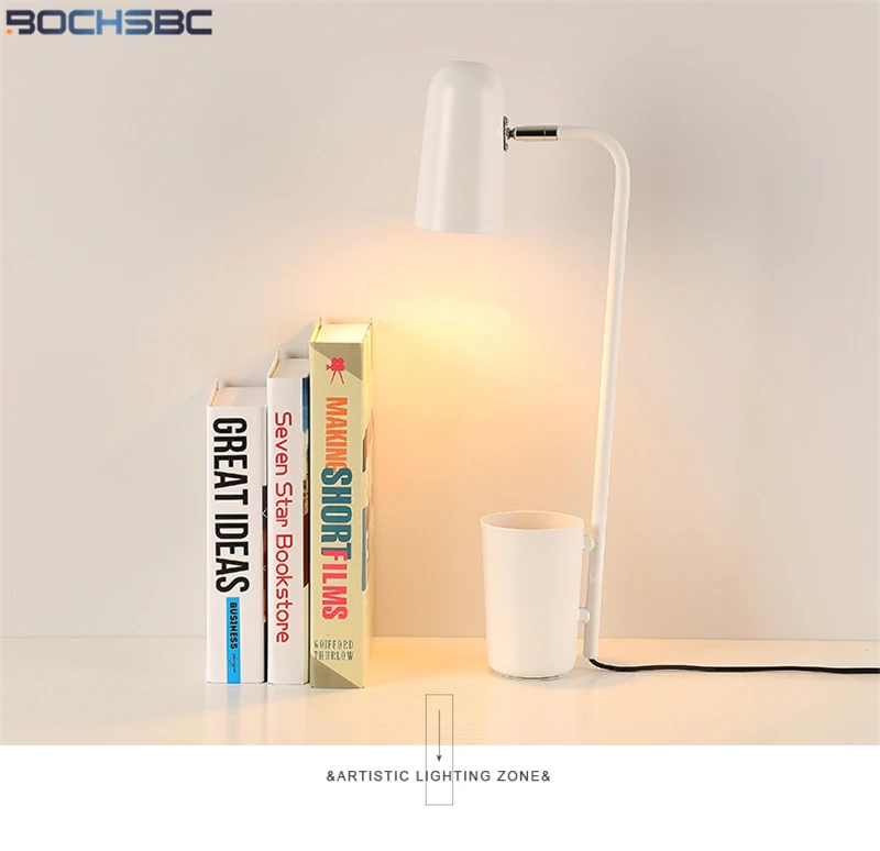 BOCHSBC Iron Moder Desk Lamp Brush Pot Black White Light Shade Angle Adjustment Table Lamps LED Brief Lights