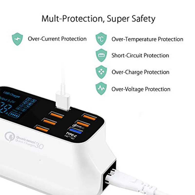 Charging Station Quick Charge 3.0 LED Display Multi USB 8 Port Fast Charger Power Adapter For Smart Phone