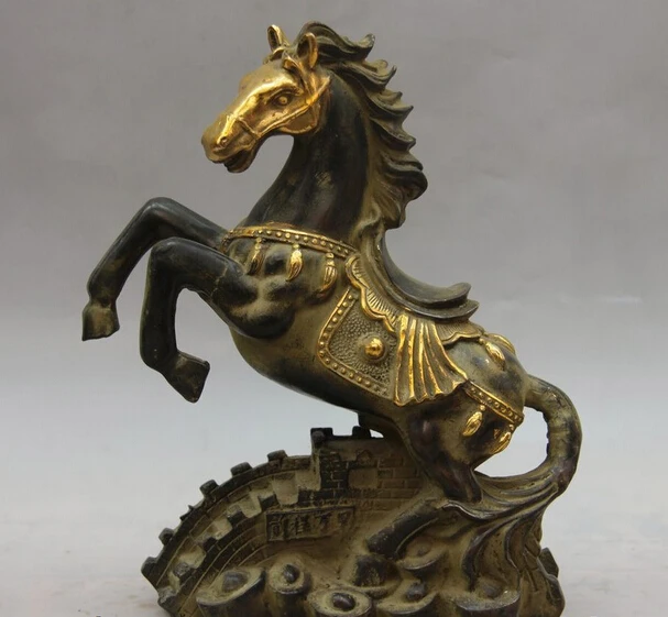 

S0927 Chinese Bronze Copper Fengshui Yuanbao Wealth Money Great Wall War Horse Statue D0318