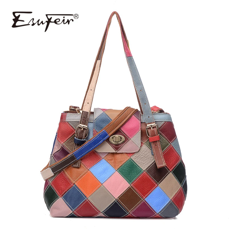 ESUFEIR Patchwork Genuine Leather Women Shoulder Bag Handbag Multicolor Leather Stitching Messenger Bag Fashion Brand Bucket Bag ESUFEIR Patchwork Genuine Leather Women Shoulder Bag Handbag Multicolor Leather Stitching Messenger Bag Fashion Brand Bucket Bag