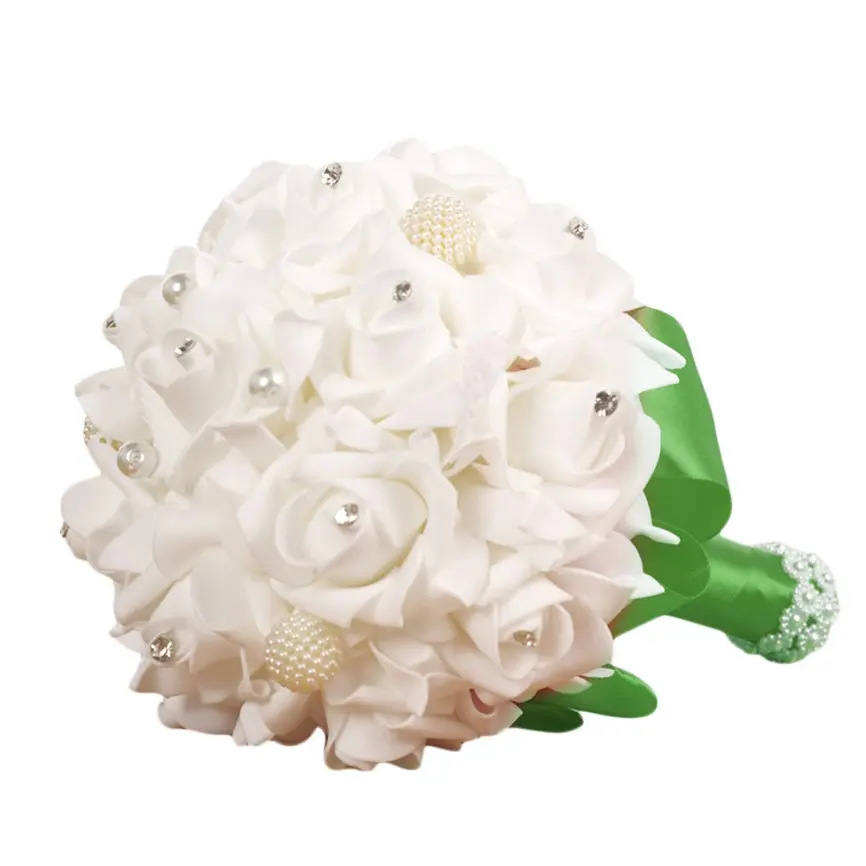 Букет с кристаллами розы жемчуг Невесты Свадебный букет невесты Искусственные Шелковые цветы Прямая поставка Aug#1 - Цвет: Green