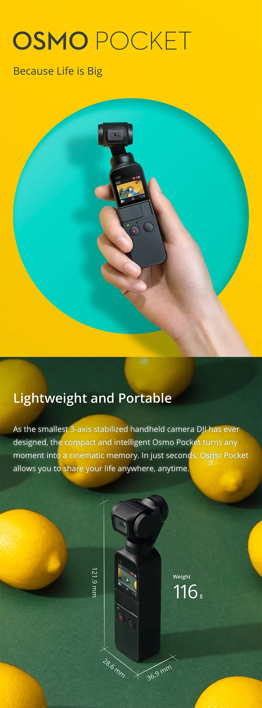 DJI OSMO карман маленький 3-осевой Карманный шарнирный стабилизатор для камеры GoPro Камера 4K видео 12MP 140-min Срок службы батареи DJI компактный и интеллигентая(ый