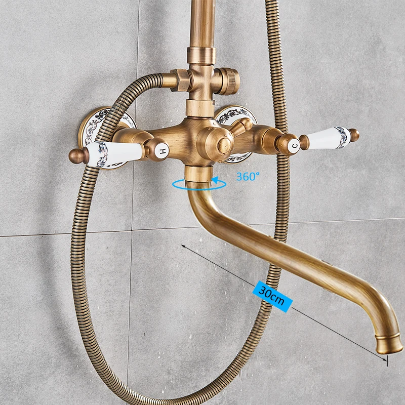 quyanre wanfan antique brass wall mount shower faucet set with commodity shelf dual handles mixer tap with 30cm longness spout bathtub shower faucet4
