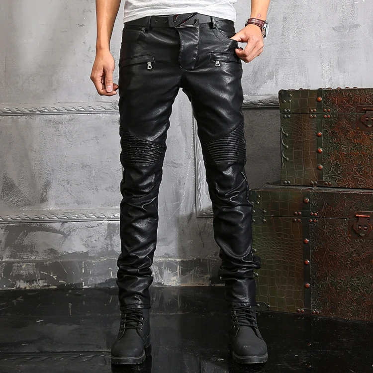 New Arrival PU Polyurethane faux Leather Men's stylish Riding Jeans Biker  slim casual pants