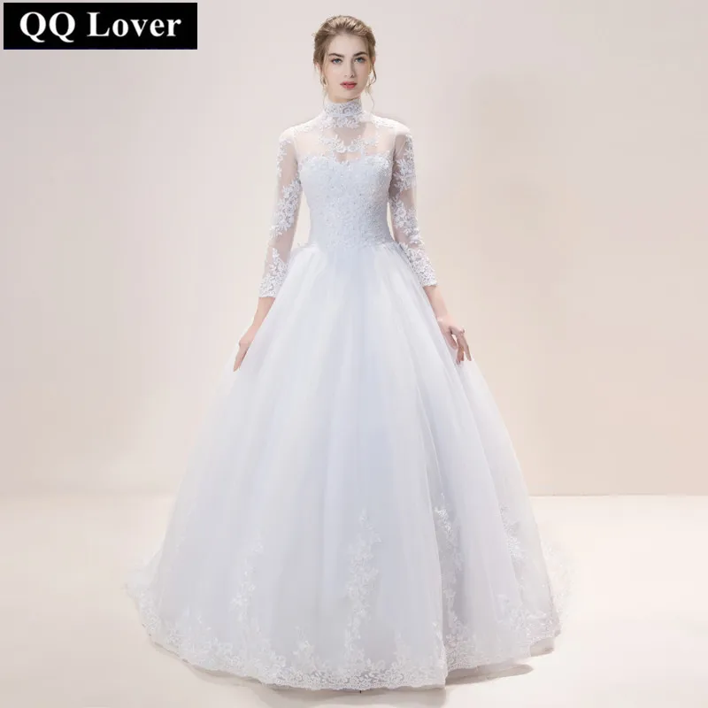 Свадебное платье QQ Lover кружевное бальное с высоким воротом и длинным рукавом