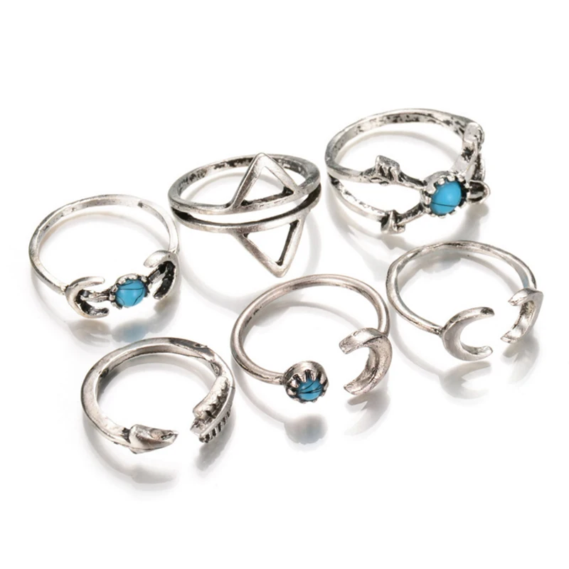 6 Fancy Kunckle Weapon Rings Sets Boho Adjustable Arrow Moon Design Ethnic Ring For Women