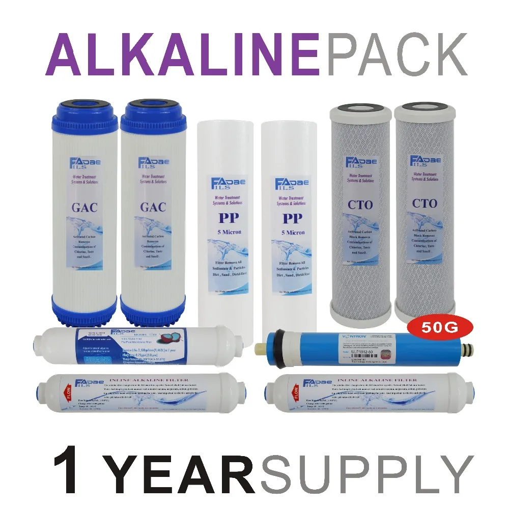 Alkaline Reverse Osmosis System Replacement Filter Sets 10 Filters with 50 GPD RO Membrane