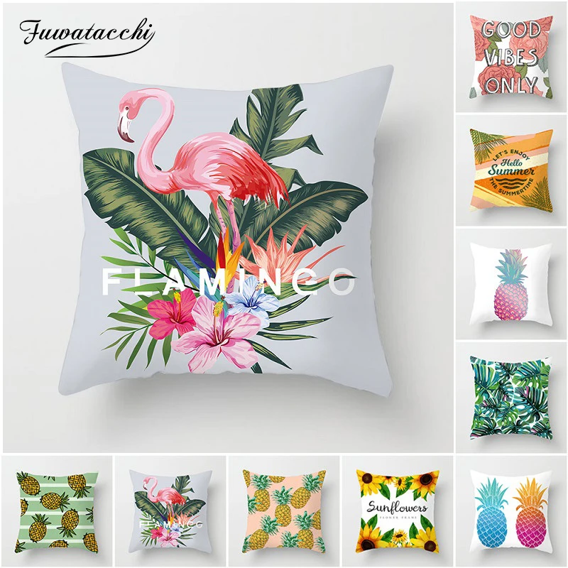 

Fuwatacchi Tropical Leaf Flower Plant Cushion Cover Pink Flamingo Pillow Cover Wedding Decoration Pillow Case For Home Chair