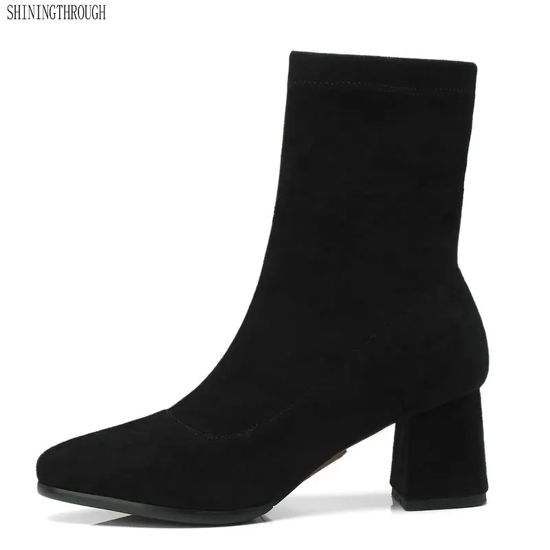 

New genuine leather women thick high heels boots office ladies dress shoes woman slip-on ankle boots woman large size 41 42